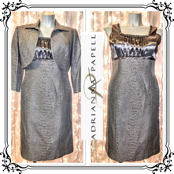 ADRIANNA PAPELL ⭐️ Silver Cocktail Dress & Jacket - Picture 1 of 12